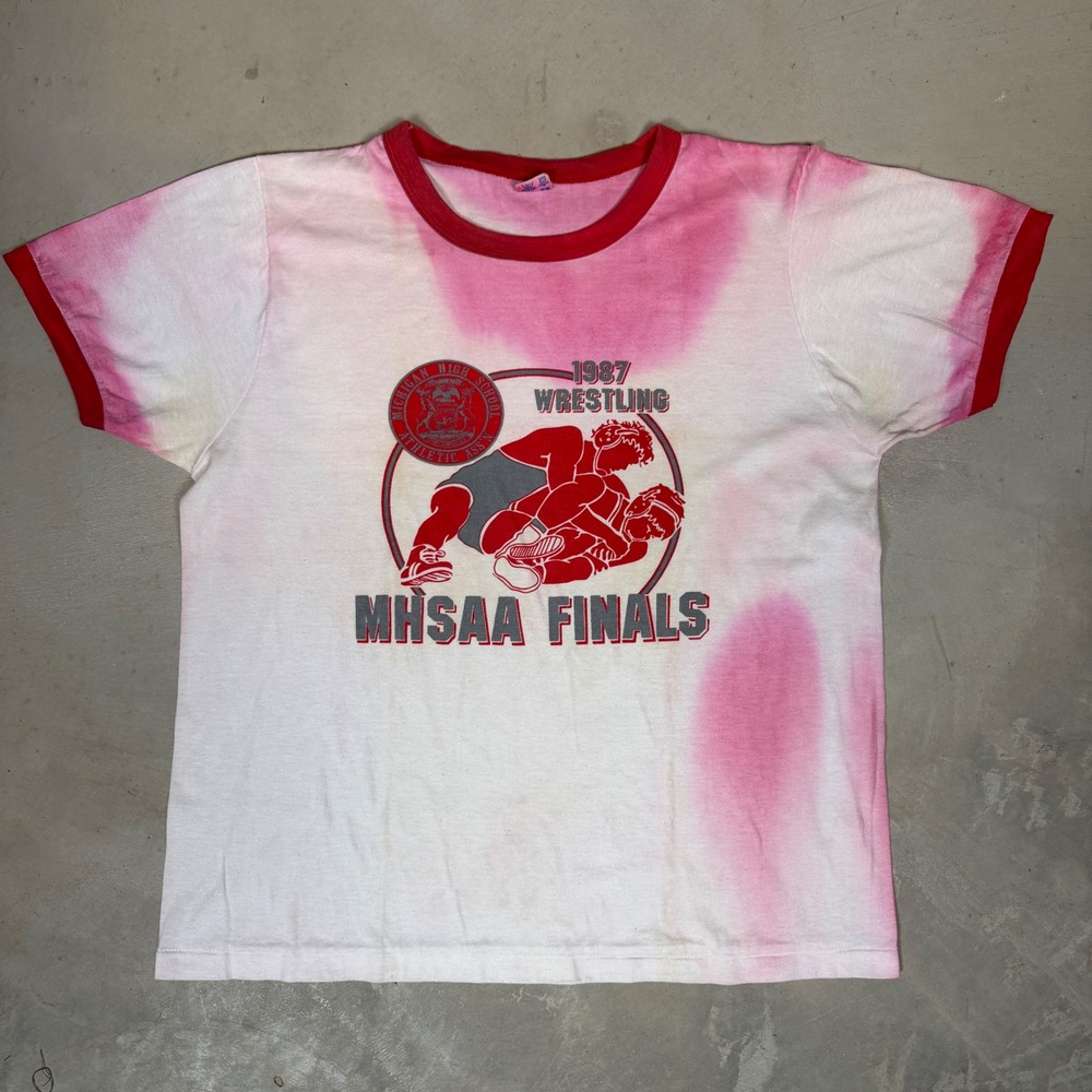 Vintage 1987 Champion MHSAA Wrestling tye dye Ringer T-Shirt XL Pink White 80s